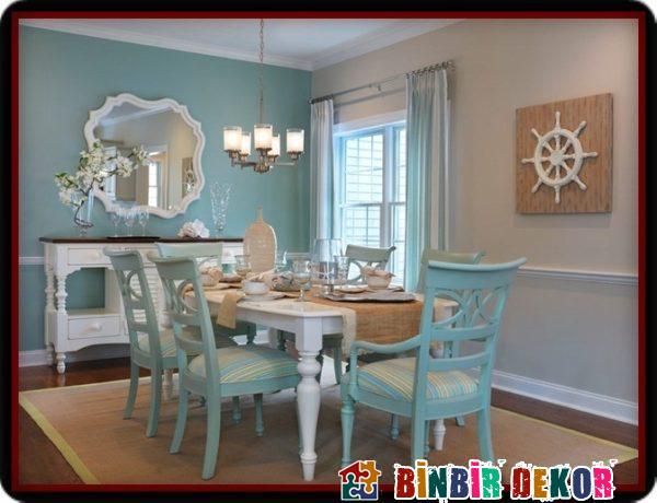 Turkuaz Duvar Renkleri ile Yemek Odası Duvar Rengi Kombinasyonları